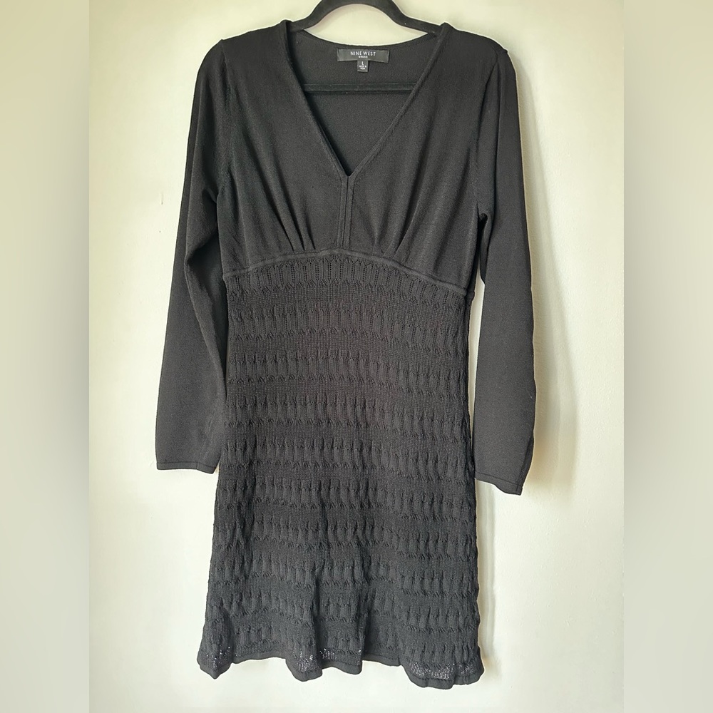 NEW Nine West Black Crochet Knit Long Sleeve Rayon Dress